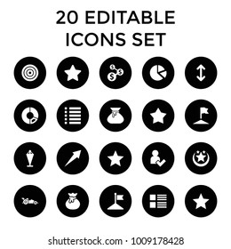 Ui icons. set of 20 editable filled ui icons such as flag, sack, menu, star, pie chart, dollar sign, arrow, target, add user. best quality ui elements in trendy style.