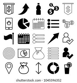 Ui icons. set of 25 editable filled and outline ui icons such as dollar sign, arrow, flag, cocktail, add user, bottle, sack, pie chart, location, home on phone display