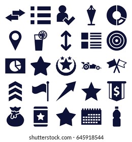 Ui icons set. set of 25 ui filled icons such as flag, star, cocktail, add user, bottle, arrow, car, target, sack, menu, calendar, pie chart, dollar sign