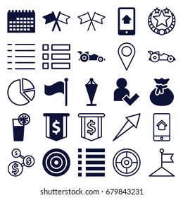 Ui icons set. set of 25 ui filled and outline icons such as flag, menu, cocktail, home on phone display, add user, car, target, sack, calendar, star, arrow, dollar sign