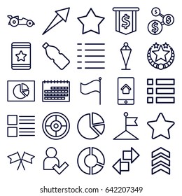 Ui icons set. set of 25 ui outline icons such as flag, star, menu, home on phone display, add user, car, arrow, bottle, calendar, pie chart, dollar sign