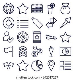 Ui icons set. set of 25 ui outline icons such as flag, star, menu, cocktail, add user, car, arrow, bottle, sack, calendar, pie chart, dollar sign, location