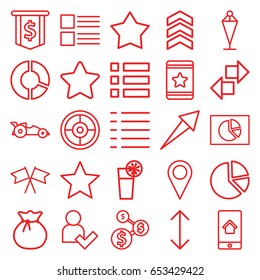 Ui icons set. set of 25 ui outline icons such as flag, star, menu, cocktail, home on phone display, add user, arrow, car, sack, pie chart, dollar sign, location
