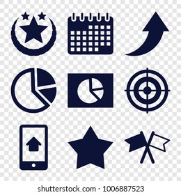 Ui icons. set of 9 editable filled ui icons such as pie chart, target, star, flag, home on phone display, calendar