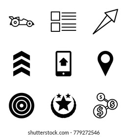 Ui icons. set of 9 editable filled and outline ui icons such as target, location, home on phone display, star, arrow, menu, dollar sign