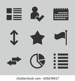 Ui icons set. set of 9 ui filled icons such as flag, menu, add user, arrow, calendar, pie chart