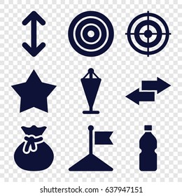Ui icons set. set of 9 ui filled icons such as flag, bottle, arrow, target, sack