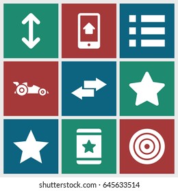 Ui icons set. set of 9 ui filled icons such as star, home on phone display, arrow, car, target