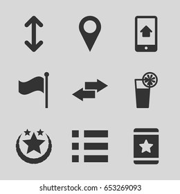 Ui icons set. set of 9 ui filled icons such as star, flag, cocktail, home on phone display, arrow, menu