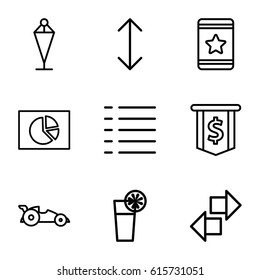 Ui icons set. set of 9 ui outline icons such as flag, star, menu, cocktail, arrow, car, pie chart