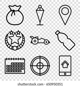 Ui icons set. set of 9 ui outline icons such as flag, home on phone display, car, bottle, sack, calendar, star, location