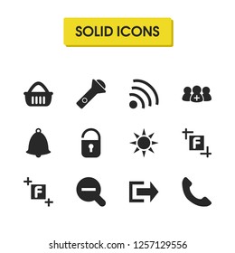 UI icons set with basket, lighten and zoom out elements. Set of UI icons and sun concept. Editable vector elements for logo app UI design.