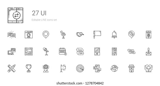 ui icons set. Collection of ui with email, chat, dart board, flags, placeholder, trophy, pencil, smartphone, music player, calendar, microphone. Editable and scalable ui icons.