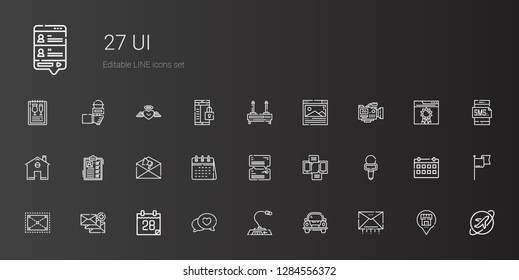 ui icons set. Collection of ui with email, car, microphone, chat, calendar, expand, smartphone, notification, list, home, video camera, browser. Editable and scalable ui icons.