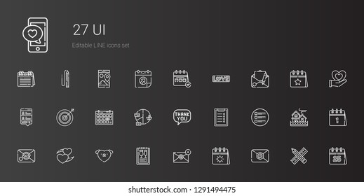 ui icons set. Collection of ui with email, calendar, menu, love, heart, list, clipboard, speech bubble, pie chart, darts, chat, pencil, flood. Editable and scalable ui icons.