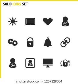 UI icons set with computer, gears and brightness elements. Set of UI icons and bell concept. Editable vector elements for logo app UI design.