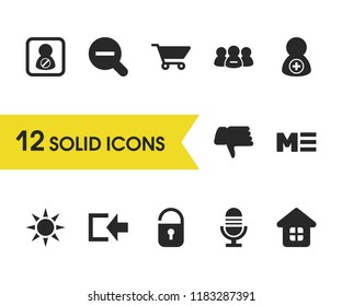 UI icons set with dislike, cart and log in elements. Set of UI icons and thumb down concept. Editable vector elements for logo app UI design.