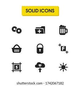 UI icons set with gears, brightness and screenshot elements. Set of UI icons and cogwheel concept. Editable vector elements for logo app UI design.