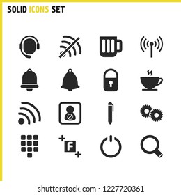 UI icons set with notification, glass and zoom elements. Set of UI icons and antenna concept. Editable vector elements for logo app UI design.