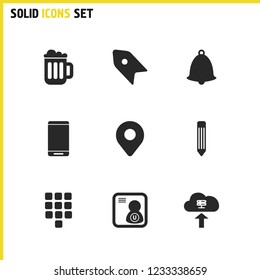 UI icons set with pencil, smartphone and keypad elements. Set of UI icons and label concept. Editable vector elements for logo app UI design.