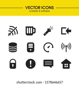 UI icons set with router, log in and create document elements. Set of UI icons and wireless connection concept. Editable vector elements for logo app UI design.