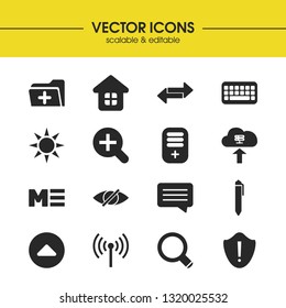 UI icons set with router, will go up and zoom elements. Set of UI icons and add file concept. Editable vector elements for logo app UI design.