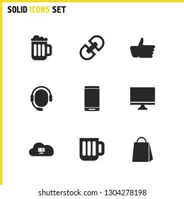 UI icons set with smartphone, link and like elements. Set of UI icons and bag concept. Editable vector elements for logo app UI design.