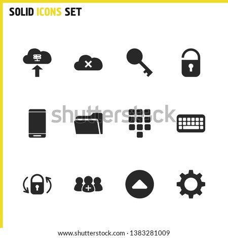 UI icons set with smartphone, open lock and folder elements. Set of UI icons and cloud data concept. Editable vector elements for logo app UI design.