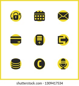 UI icons set with switch on, create document and credit card elements. Set of UI icons and phonogram concept. Editable vector elements for logo app UI design.