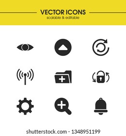UI icons set with switch on, bell and see elements. Set of UI icons and eye concept. Editable vector elements for logo app UI design.