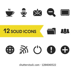 UI icons set with turn off, microphone and coffee elements. Set of UI icons and cappuccino concept. Editable vector elements for logo app UI design.