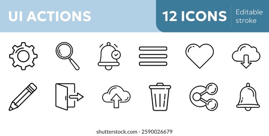 UI icons settings, search, menu, home, notification,  logout, upload, download, edit, delete, share, like