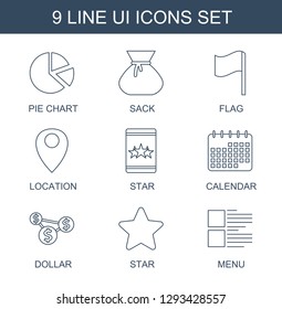 ui icons. Trendy 9 ui icons. Contain icons such as pie chart, sack, flag, location, star, calendar, dollar, menu. ui icon for web and mobile.