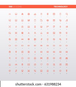 UI icons of various technology device, consumer and personal electronics, media tools, wearable tech for communication. 32px simple line icons set. Premium quality symbols and sign web logo collection