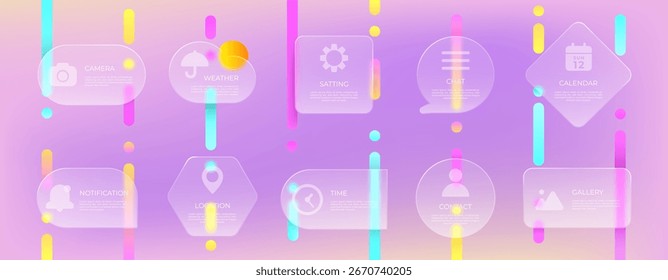 Infográfico de interface do usuário. Botão de vidro. Finanças modernas. Design de negócios. Gráfico do aplicativo de dados. Formas geométricas de vidro. Rótulo mínimo de desfoque quadrado. Conjunto de ícones translúcidos da apresentação. Layout de morfismo vetorial