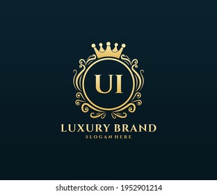UI Letra inicial, texto dorado con monograma heráldico con mano floral femenina, diseño de logotipo de lujo estilo vintage antiguo.