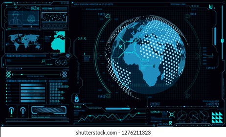 UI interface with Earth globe 3d in control center panel command board with game and business graphs technology.