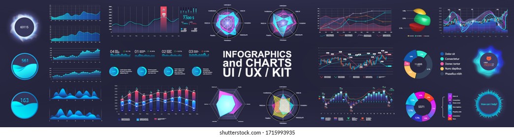 UI interface and Intelligent infographic. Dashboard template elements, charts, diagrams, bars teps, options, parts processes. UI, UX, collection. Mockups digital graphics and infographics set. Vector