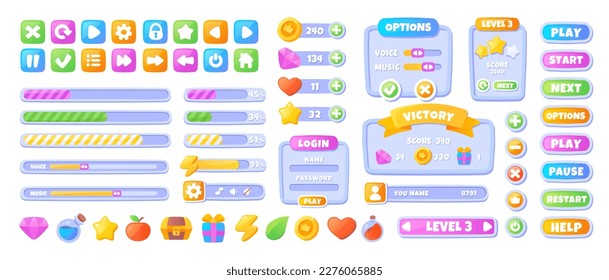 Ui interface set. Collection of graphic elements for game or mobile app. Settings and menus. Progress bars, new level and settings. Cartoon flat vector illustrations isolated on white background