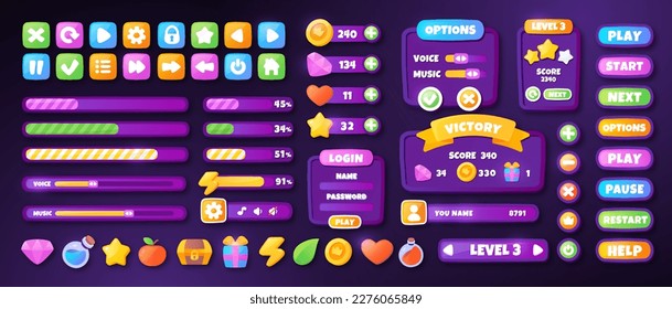 Ui interface set. Game or program. Collection of progress or loading bars. Options and settings, authorization. Play, start and next. Cartoon flat vector illustrations isolated on black background