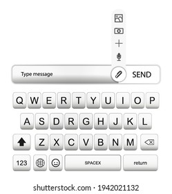 Teclado de interfaz de usuario para teléfono móvil, smartphone. Botones de teléfono móvil realistas blancos con sombra. Alfabeto, números e iconos para messenger. Teclado de KIT UX de interfaz de usuario. Botones de teléfono de mordaza. Ilustración del vector