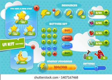UI Kit Assets - for game mobile, 2D graphic content, buttons and icons set - vector objects