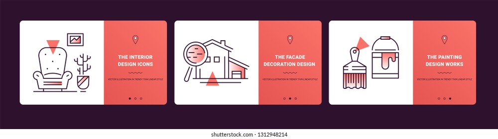 Ui kit banners of interior design process. Concept interior design in line icon style. Building process illustration. Trendy vector thin graphics. Mobile app template on coral background. Ui elements.