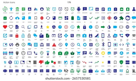 Componentes do kit de interface do usuário em cores. Um grande conjunto de vários ícones. Conjunto de ícones padrão do projeto do material. 176 ícones ativos
