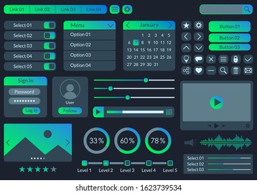 Ui kit design for app, web and mobile. Website interface template with buttons, icons, menu forms. Vector illustration.
