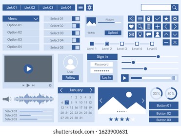Ui kit design for app, web and mobile. Website interface template with buttons, icons, menu forms. Vector illustration.