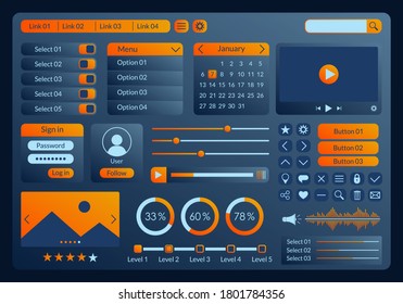 Ui kit design for app, web and mobile. Website interface template with buttons, icons, menu forms. Vector illustration.