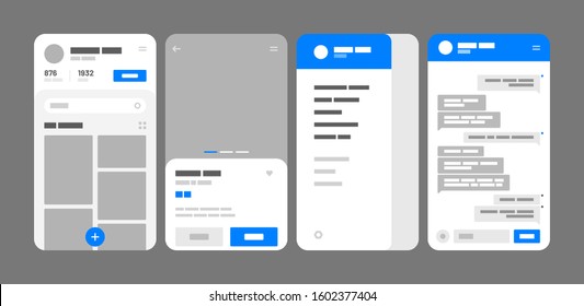 UI Kit Elements For Mobile App Concept. Use For Social Media, Online Store, Hotel Reservation. Wireframes Screens. Flowchart.