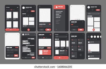 UI Kit elements for mobile app concept. Use for social media, online store, hotel reservation. Wireframes screens. Flowchart.