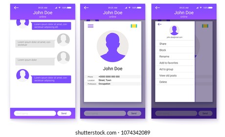 UI kit of mobile app. Page of profile and sidebar menu screen, friends list with chat. GUI design for responsive business website or applications. 3D illustration, isolated on white